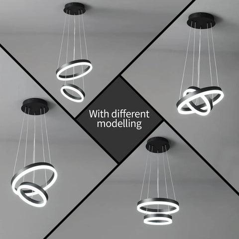 Two Ring Modern LED Chandelier In Black, Sleek Contemporary Ceiling Pendant Light for Staircase, Foyer, High Ceilings