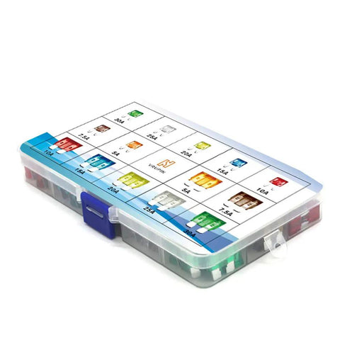 140 Piece Car Fuses Assortment Kit With Standard And Mini Blade Fuses 5A To 30A in a clear sectioned plastic box