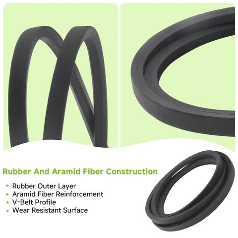 Heavy Duty Replacement V Belt For Mower Deck 5/8 By 139 Inches showing rubber and aramid fiber construction, wear-resistant surface.