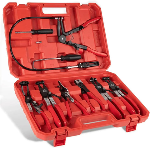Top Tier 5 In 1 Hose Clamp Pliers Set For Auto Repair Pros, Durable Automotive Tool Kit To Snip Install And Adjust Clips On Coolant Or Fuel Lines Like A Boss. Red case with 5-in-1 carbon steel hose clamp pliers and cable tools for auto repair