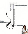 Bright 30 LED Sewing Machine Light With Flexible Silicone Neck And Magnetic Base For Sewing Crafting Drill Press Desk Music Stand Workbench Crisp Eye Safe Non Flicker Illumination For Detailed Projects, showing dimensions and power switch with woman sewing