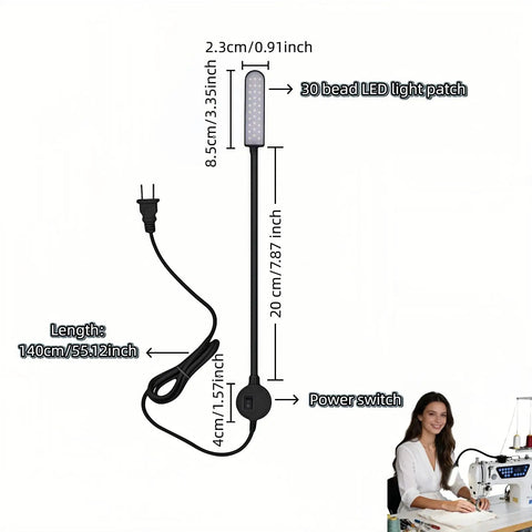 Bright 30 LED Sewing Machine Light With Flexible Silicone Neck And Magnetic Base For Sewing Crafting Drill Press Desk Music Stand Workbench Crisp Eye Safe Non Flicker Illumination For Detailed Projects, showing dimensions and power switch with woman sewing