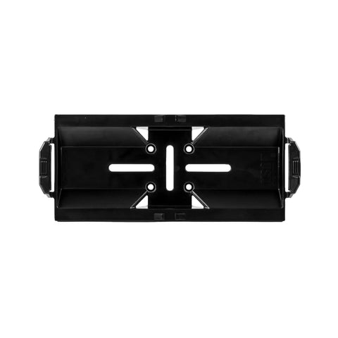 Top view of TracPak Quick Release Mounting Base for Track Mount Storage Boxes, black with micro adjustment slots, made in USA