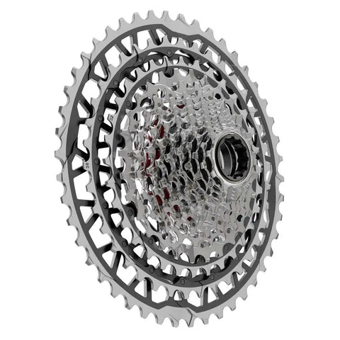 XPLR 13-Speed Cassette 10-46T For Gravel Cycling, Beefy Steel Cogs, shown in side angle view