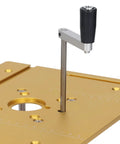 No Sweat Manual Router Lift Kit With Slick Gold Top Plate And Bullseye Crank Height Control System showing height adjustment handle.