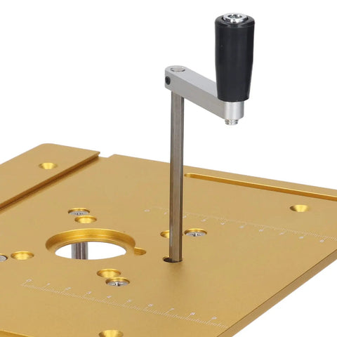 Close-up of Handy Manual Router Lift Table showing height adjustment lever, aluminum alloy surface and precision markings.