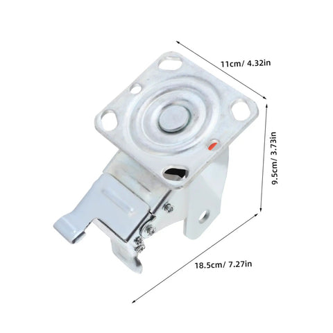 Rugged Steel Swivel Caster Bracket With Locking Brake And Four Inch Wheels For Heavy Machinery, top view with dimensions.