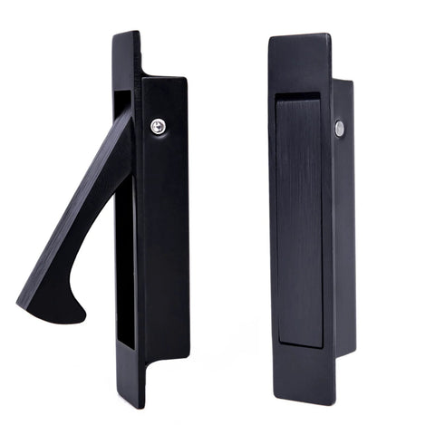 Matte Black Edge Pull Pocket Door Handles In Stainless Steel 304, flush mount design with satin finish, shown extended and retracted.