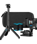 HERO10 Black Must Have Accessory Bundle with Shorty mini pole, swivel clip, two batteries, and camera case for action cameras.