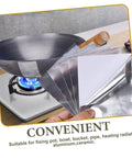 Aluminum Repair Patches For Pots Pans And Cookware, 10 Sheets displayed next to a frying pan on a stove top, highlighting use and convenience.
