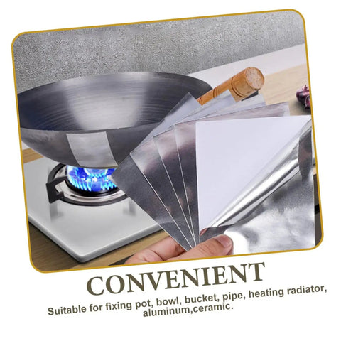 Aluminum Repair Patches For Pots Pans And Cookware, 10 Sheets displayed next to a frying pan on a stove top, highlighting use and convenience.