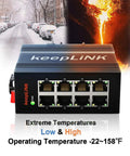 Eight Port Industrial Ethernet Switch Unmanaged 10/100 Mbps DIN Rail Network Switch IP40 shown with snow and lava background