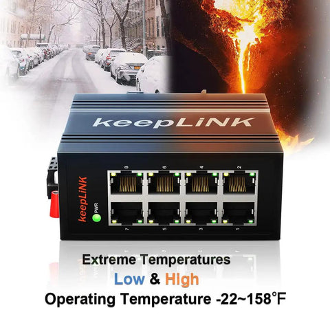 Eight Port Industrial Ethernet Switch Unmanaged 10/100 Mbps DIN Rail Network Switch IP40 shown with snow and lava background