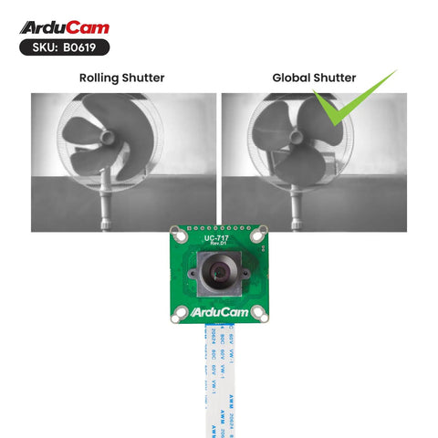 Comparison photo showing rolling vs global shutter with ArduCam Global Shutter Raspberry Pi Camera Module With 1.58MP IMX296 Sensor, 1440x1080 At 60FPS, 96 Degree M12 Lens, Fast Pi Camera That Crushes Motion Blur, Compatible With Raspberry Pi 5 4 3 And Zero 2 W.
