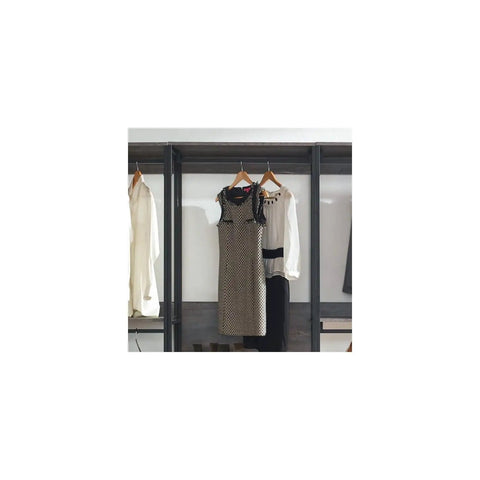 Heavy Duty Wood Walk In Closet Organizer System With Customizable Shelving And Rustic Gray Finish with hanging dresses and blouses.