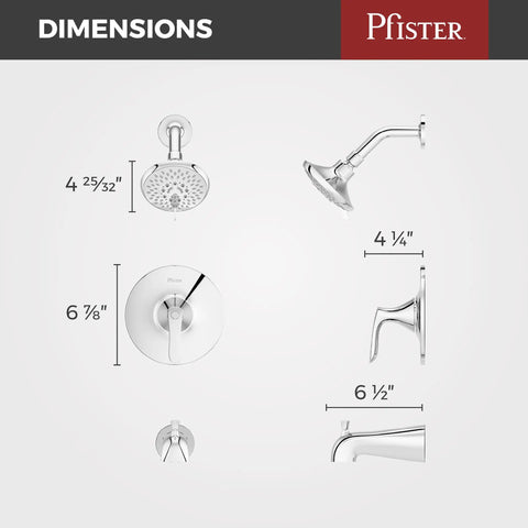 Dimensions of Tub And Shower Trim Kit With 1-Handle 3-Hole Install, Multi-Function Shower Head With 5 Spray Modes, Chrome Finish