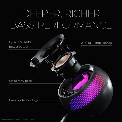 Pebble X Plus 2.1 Channel USB Type-C Desktop Computer Speakers showcasing internal components and bass technology in compact black design.