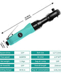 Three Eighths Inch Air Ratchet Wrench With 50 Ft Lbs Max Torque, 160 RPM Free Speed, shown with dimensions and specs