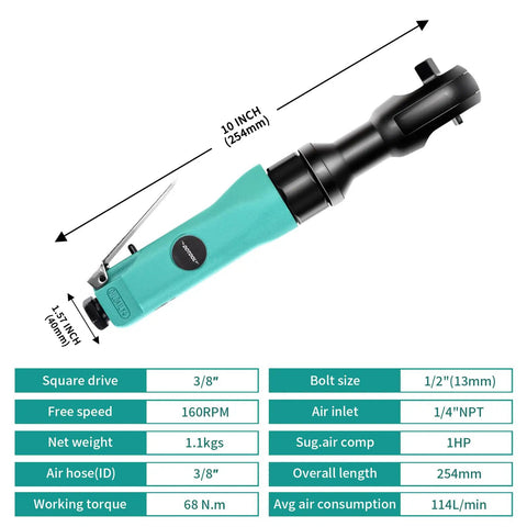 Three Eighths Inch Air Ratchet Wrench With 50 Ft Lbs Max Torque, 160 RPM Free Speed, shown with dimensions and specs