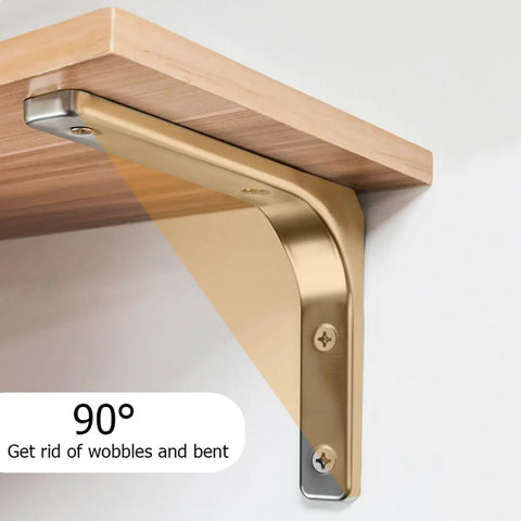 Stainless Steel L Brackets For Wall Shelves Heavy Duty Floating Shelf Supports attached to a wooden shelf for secure installation.