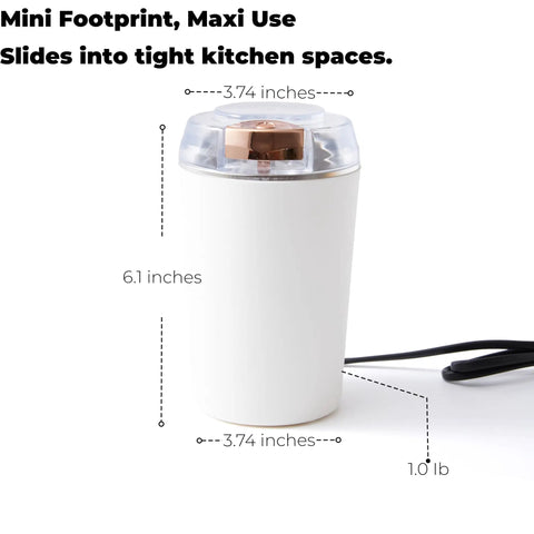 Compact Electric Flax Seed Grinder for Smooth Fresh Grinding Perfect Spice Mill For Daily Kitchen Use Plug In Design size 6.1 inch white exterior