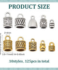 Check Out These 125 Pcs Tibetan Alloy Cord End Caps In 10 Cool Styles With Antique Silver And Golden Tones Perfect For Your Next DIY Jewelry Kit To Fix Necklace Bracelet Tips. Product size chart showing 10 Tibetan alloy cord end cap styles, 2~4mm hole, 3.5~11mm sizes