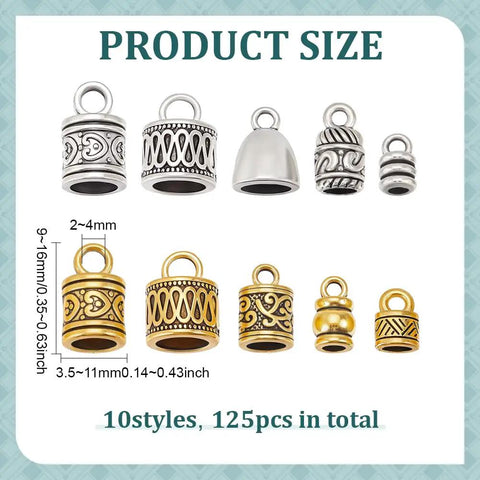 Check Out These 125 Pcs Tibetan Alloy Cord End Caps In 10 Cool Styles With Antique Silver And Golden Tones Perfect For Your Next DIY Jewelry Kit To Fix Necklace Bracelet Tips. Product size chart showing 10 Tibetan alloy cord end cap styles, 2~4mm hole, 3.5~11mm sizes