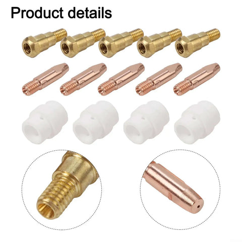 Essential MIG Welding Consumables Kit 0.8mm Tips for 24KD Torch, Rock Solid Compatibility, Includes 5 Contact Tips, 5 Tip Holders, and 4 Gas Diffusers, Red Copper Tips for Tight Fits, Smooth Arc, And Quick Replacement; brass and copper parts