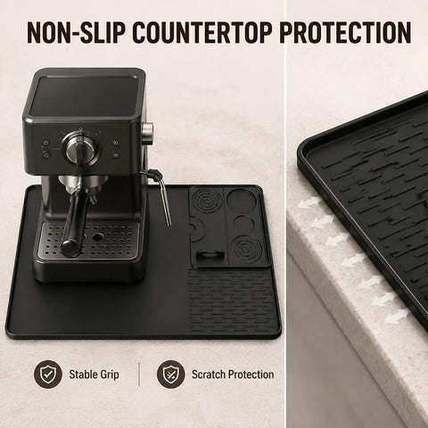 Straight Fire Premium Silicone Coffee Drip Mat With Built In Tamping Station, Non Slip Overflow Shield For Oster Perfect Brew, Heavy Duty Barista Counter Organizer And Quick Drainage Tray, Black used under espresso machine.