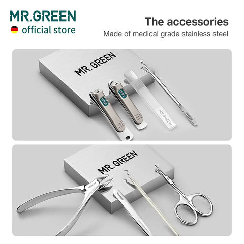 Eight In One Manicure And Pedicure Kit With Stainless Steel Nail Clippers Personal Care Tools In Durable PU Leather Case Green Finish For At Home Grooming And Travel, Includes Oblique Clipper, Facial Hair Scissors, Eyebrow Tweezer And Nail File on display.