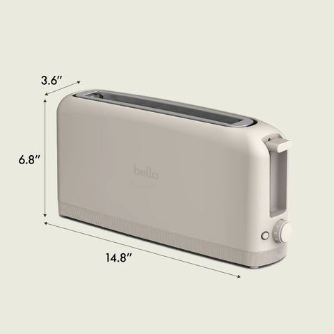 Slick Two Slice Slim Toaster With Hella Long Slots For Versatile Even Heating And A Tight Oat Milk Finish, dimensions 14.8 x 3.6 x 6.8 inches.