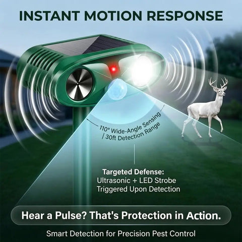 Two Pack Upgraded Sonic Ultrasonic Animal Deterrent With Solar Power Motion Sensor 110 Degree PIR And LED Strobe Light For Yard And Garden, green plastic device with deer detection