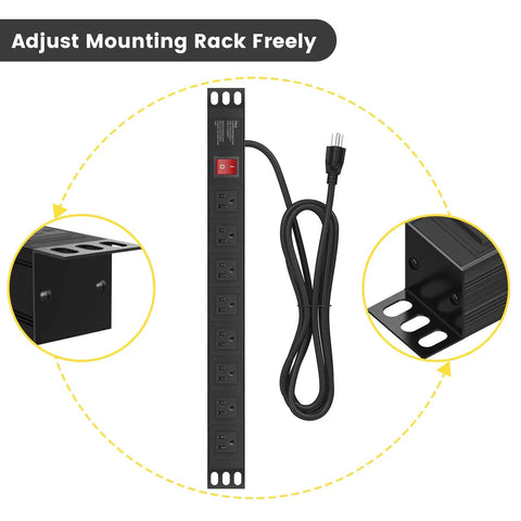 Eight Outlet Rack Mount Power Strip With Wide Spaced Sockets, 1U Server Rack Surge Protector, black with 6 ft cord and adjustable rack.