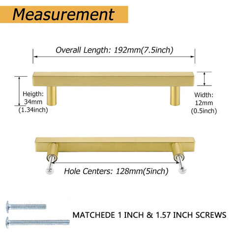 Dimensions and screws of Gold Cabinet Handles 10 Pack 5 Inch Brushed Brass T Bar Drawer Pulls for kitchen cabinets