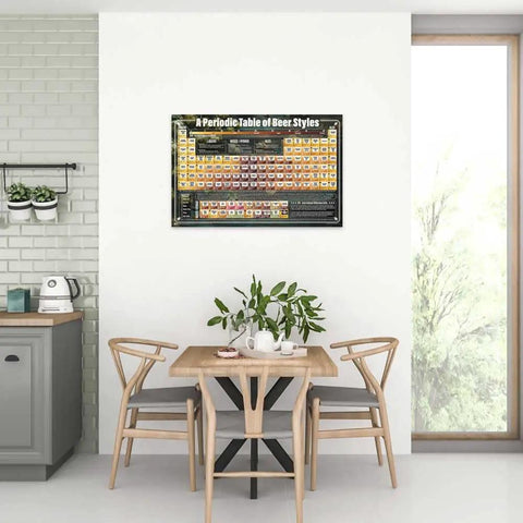 Kitchen with Periodic Table Of Beer Styles Poster Laminated 36.5 By 24.5 Inches displayed on wall above dining table.