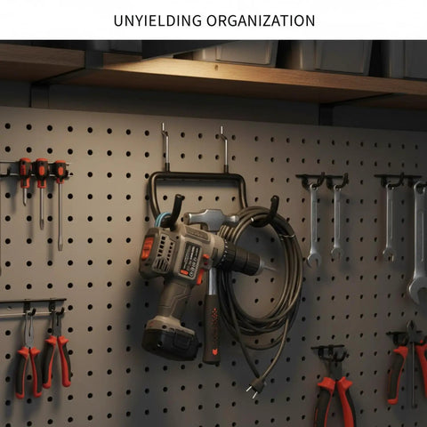 Heavy Duty Carbon Steel Pegboard Hooks For Garage Organization And Workshop Setup, holding tools on perforated board.