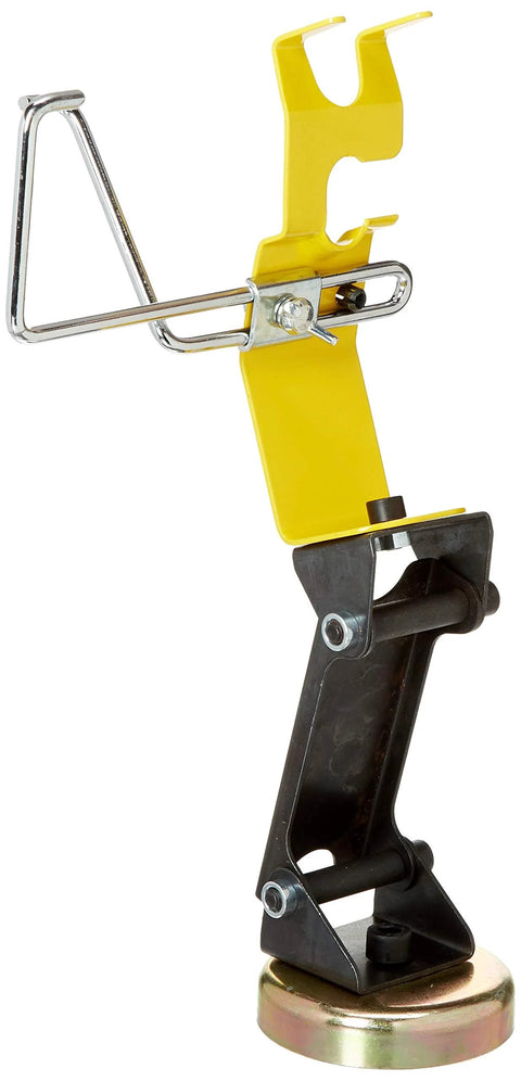 Side view of TIG torch holder with magnetic base, yellow adjustable bracket and cable hanger.