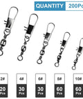 200 Piece Fishing Swivel Set With Coastlock Snap And Ball Bearing, 5 Sizes Included, Durable Tackle Box Essential For Freshwater And Saltwater Fishing, Catch More Fish With This Versatile Pro Grade Gear. five fishing swivels sizes #2 to #10 with quantity labels