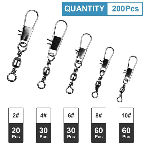 200 Piece Fishing Swivel Set With Coastlock Snap And Ball Bearing, 5 Sizes Included, Durable Tackle Box Essential For Freshwater And Saltwater Fishing, Catch More Fish With This Versatile Pro Grade Gear. five fishing swivels sizes #2 to #10 with quantity labels