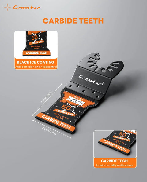 Heavy Duty Two Pack Carbide Oscillating Multi Tool Blades With Black Ice Coating, showcasing carbide teeth and dimensions.