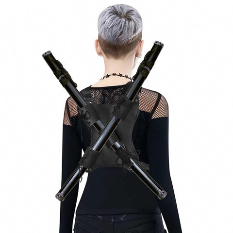 Person wearing Ninja Sword Back Holster and Back Sheath Dope Adjustable Leather Double Sword Holder in black leather back view