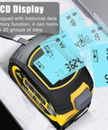 Built Tough 3 In 1 Laser Tape Measure With 130 Foot Range And 16 Foot Digital Ruler showcasing LCD display with measurement data.