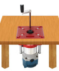 Heavy Duty Aluminum Router Lift Base With Precision Router Table Insert Plate For Woodworking Table Saw And Trimmer Machine mounted on a wooden table.