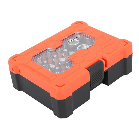 23 Piece Socket Wrench Set Featuring A Slick 72 Tooth Ratchet And Sixteen Tough S2 Bits For Real Deal Auto Grind And Weekend Warrior Garage Projects Accessories in a durable orange and black case.
