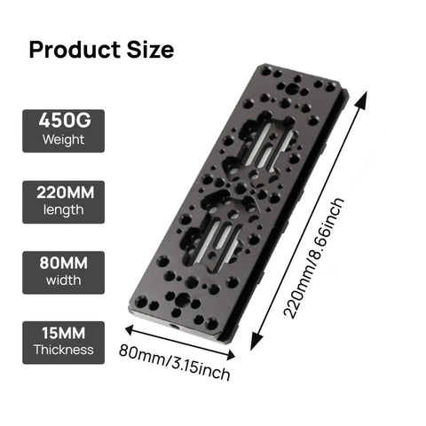 Heavy Duty Dovetail Mounting Plate For Telescopes 220mm Guide with detailed measurements and threaded holes layout