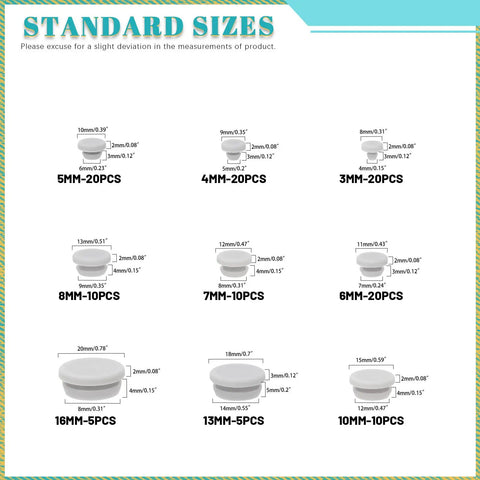 Awesome 120 Piece Silicone Plug Assortment Kit With Nine Sizes For Cars And Furniture. Grey Snap In Hole Plugs, 3mm-16mm, size chart