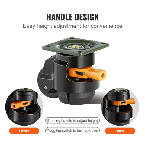 Four Pack Heavy Duty Leveling Casters With Smooth Roller Swivel Wheels And Quick Twist Height Adjustment Handles for easy height adjustment.
