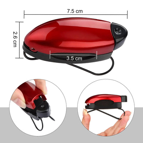 Red clip from Ten Piece Car Visor Sunglasses Clips Set For Sun Visor Eyewear Holder with dimensions shown and hand holding it