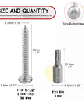 Built Tough Heavy Duty Stainless Steel Button Head Torx Sheet Metal Screws Security Tamper Proof Fasteners With T25 Bits For Garage Work And Outdoor Renovations 50 Pack size dimensions and T25 bit included