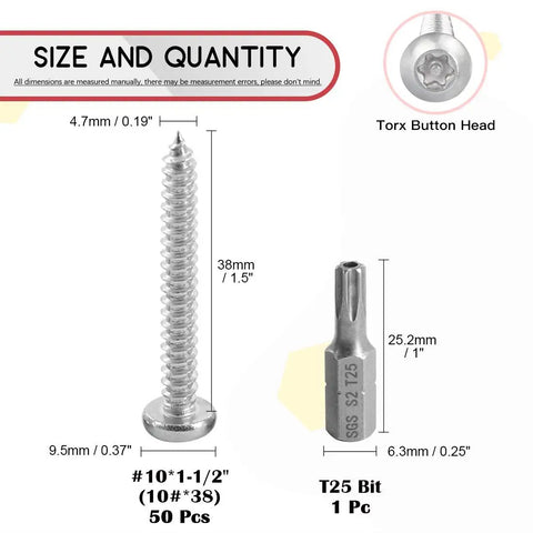 Built Tough Heavy Duty Stainless Steel Button Head Torx Sheet Metal Screws Security Tamper Proof Fasteners With T25 Bits For Garage Work And Outdoor Renovations 50 Pack size dimensions and T25 bit included
